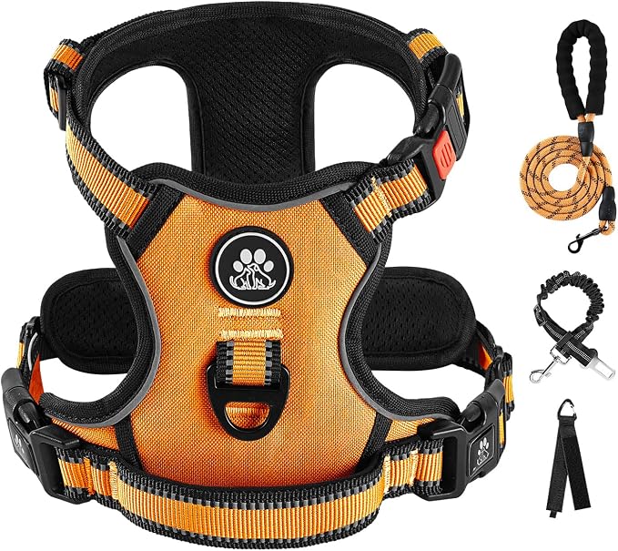 IVY&LANE No Pull Dog Harness for Large Dogs, Dog Vest Harness with Leash, Safety Belt and Storage Strap, Fully Adjustable Harness, 360° Reflective Strip, Soft Handle (Orange, L) by IVYLANE