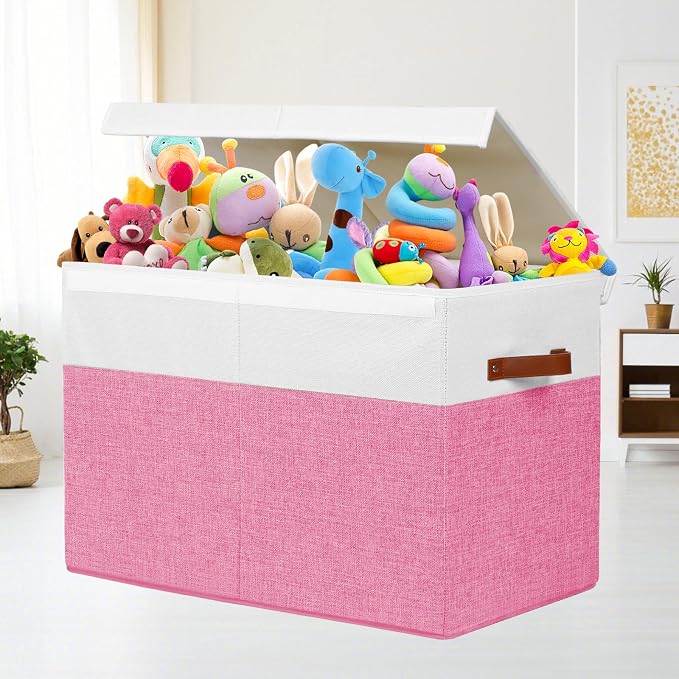 Large Toy Storage Box with Lid, Toy Chest Bin Boxes Basket with Dividers | Sturdy Toy Organizer Bin for Kids, Boys, Girls, Nursery, Living Room, Bedroom, Playroom 25"x13" x16" (Pink and White) - Image 4