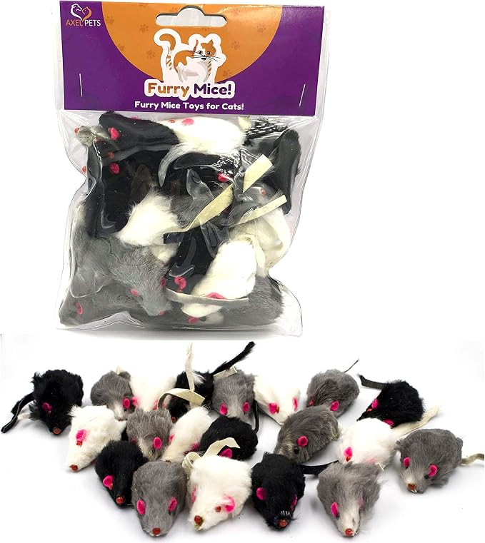 20 Furry Mice with Catnip and Rattle Sound Made of Real Rabbit Fur Interactive Catch Play Mouse Toy for Cat, Pack of 20 Mice by AXEL+PETS