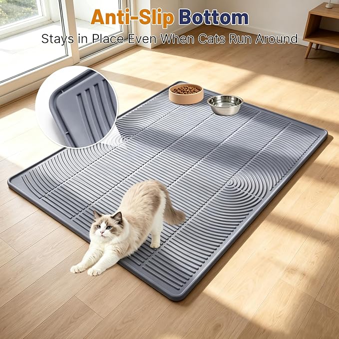 Cat Litter Mat, XL 46x35in Waterproof Silicone Litter Box Mat, Grey | XXL Cat Mat Fits 2-4 Litter Boxes, Litter Trapping Mat with Raised Edges & Textured Surface, Non-Slip Bottom, Easy Clean - Image 6