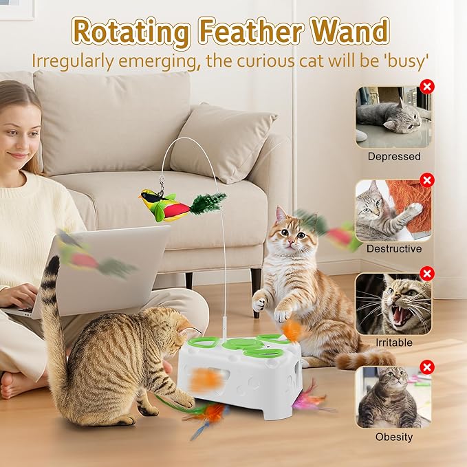 3-in-1 Automatic Interactive Cat Toy, Flying Bird, Mole & Feather | Rotating feather, 3 play modes, cheese-shaped non-slip base, USB-C rechargeable 1200mAh battery, 8-minute auto shutoff - Image 7