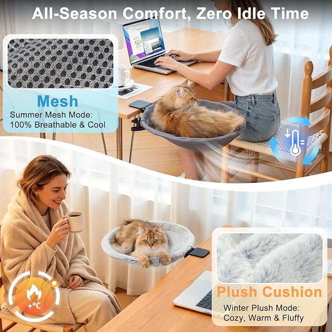 Uross Cat Desk Bed, Space Saving Desktop Folding Cat Hammock, Work from Home Office Cat Accessories for Indoor Cats, 2 Interchangeable Covers (Cozy Plush & Breathable Mesh) for All Seasons-Grey - Image 3