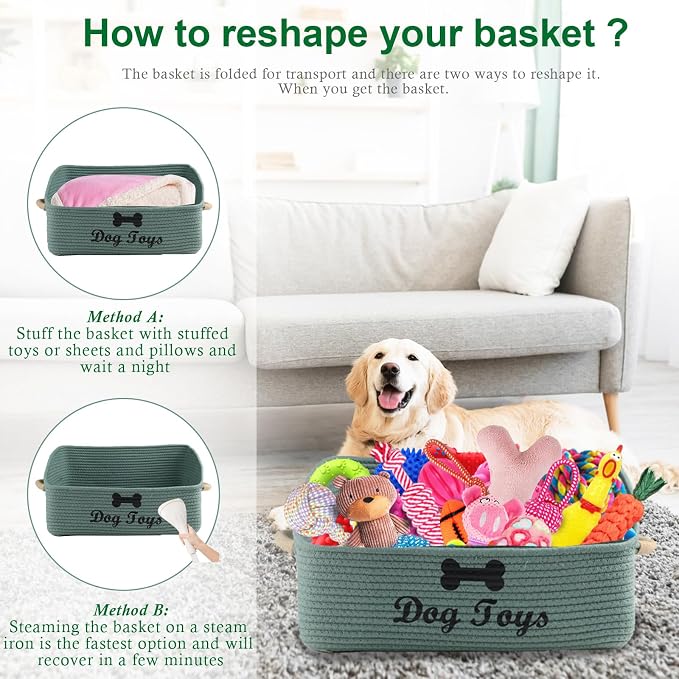Dog Toy Basket-100% Cotton Rope Dog Toy Bin for Living Room Area-Trapezoid Pet Toys Box with Sturdy Handle-Puppy Bed-Dog Stuff Organizer for Pet Toys,Collar,Leash,Blanket-Chew Proof -Green - Image 6