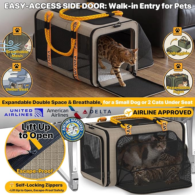 PAWZIDEA Expandable Pet Carrier for Small Cats & Dogs, TSA Airline Approved | 18"×11"×11" Soft-Sided Small Dog Travel Bag, Collapsible Top-Load Cat Carrier for 2 Cats Under Seat, Puppy Car Seat Up 15lbs - Image 3