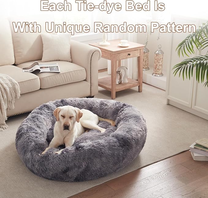 45 in Faux Fur Donut Dog Bed for Extra Large Dogs,Tie-dye Grey | Calming Plush Round Jumbo Fluffy Pet Bed with Removable & Washable Cover,Fits up to 120 lbs Pets - Image 7