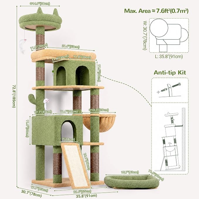 Globlazer Heavy Duty Cactus Cat Tree for Large Cats, Sturdy 72in Maine Coon Cat Tree for Large 20 lbs+ Cactus Cat Tower for Adult Biggest Cats with 6 Scratching Posts, Hammock, S72, Green - Image 7