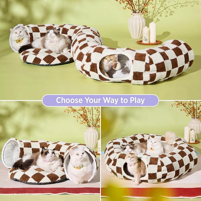 Lesure Donut Cute Jacquard Large Cat Tunnel Bed Kitten Toys for Dog Bunny | 39.5x39.5x10in,Round Large Cat Bed Tube for Multi Kittens,Pet Peekaboo Cave Toy,Spiral Hideaway,Washable Cushion,Brown Checks - Image 2