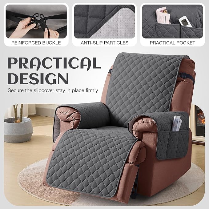 KinCam 100% Waterproof Recliner Chair Covers Washable, 23.6", Charcoal Gray | Anti Slip Reclining Couch Covers for Pets Dog, Recliner Sofa Slipcover Storage Pocket, Furniture Protector with Elastic Strap - Image 5