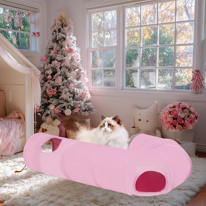 Cat Tunnel, 2-Way Collapsible Cat Tube with Interactive Peek-A-Boo Hole, Toy Ball, and Rope – Ideal for Indoor Cats, Kittens, and Rabbits (Pink) - Image 6