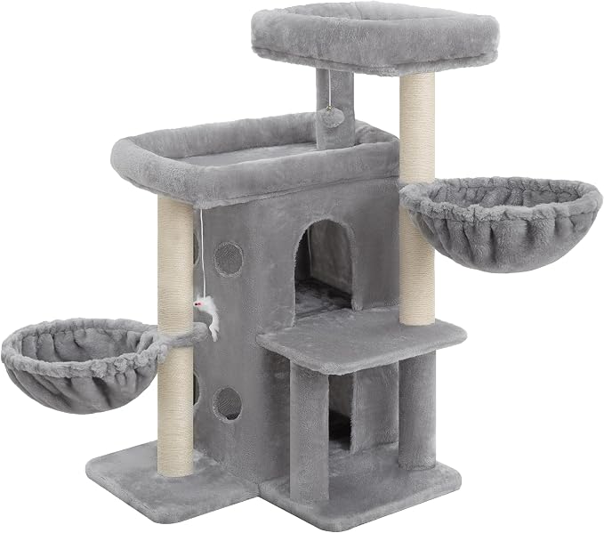 Heybly Cat Tree with Reinforced Big Base, 41.3 in Sturdy Cat Tower HCT075W | Indoor Cat Furniture Featuring 2 Roomy Platforms, Double Condos, 2 Cozy Baskets, Full Sisal Scratching Posts, Light Gray - Image 4