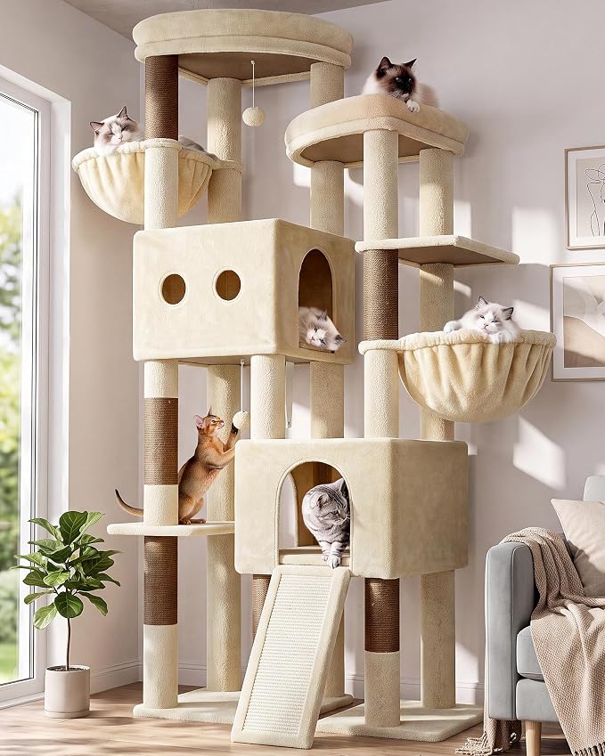 Globlazer Sturdy Cat Tower for Indoor Cats 20lbs, 76in, S76E, Beige | Heavy Duty Cat Tree for Adult Big Cats Maine Coon with Scratching Post, 2 Extra Large Top Perch, 2 Padded Cat Condos by Globlazer