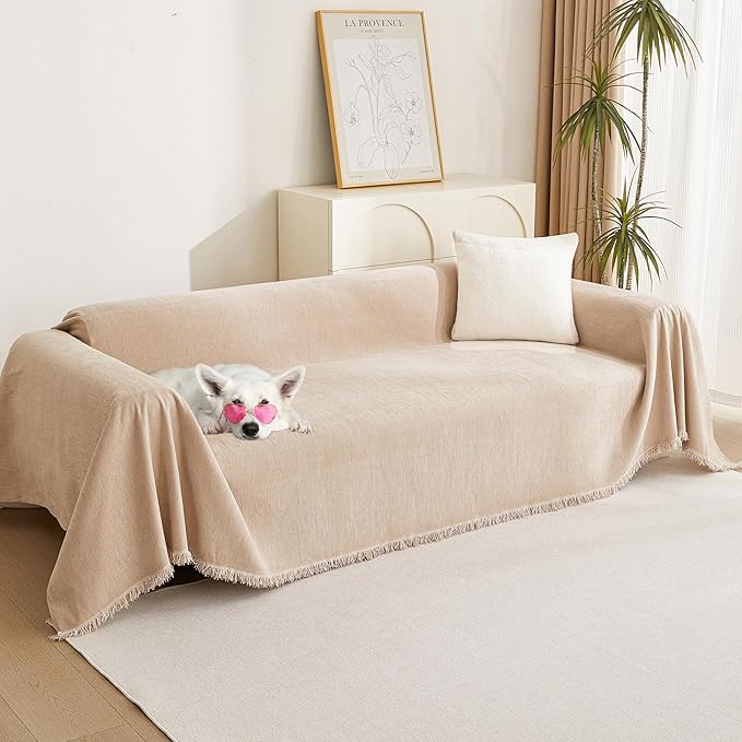 MYSKY HOME Couch Cover 3 Cushion Sofa with Tassel Chenille Sofa Covers Couch Covers for 3 Cushion Couch Sofa Slipcovers for Sectional l Shaped Couch Dogs Protector Furniture Covers, 91" X150", Khaki by MYSKYHOME