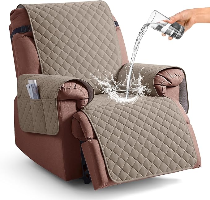 KinCam 100% Waterproof Recliner Chair Covers Washable, 23.6", Taupe | Anti Slip Reclining Couch Covers for Pets Dog, Recliner Sofa Slipcover Storage Pocket, Furniture Protector with Elastic Strap by KinCam