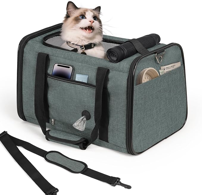 YUDODO 25lbs Cat Carrier Lightproof Soft Sided Pet Carrier for Large Cat | Airline Approved, Lightproof Breathable Design, Side Pockets, Durable Mesh, Foldable and Portable, Grey green - Image 8