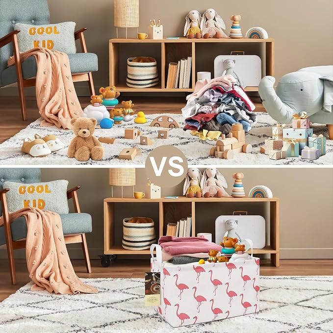 Rectangle Foldable Storage Basket Handles For Home, Flamingo | Waterproof reinforced handles, perfect for shelf use, organizes clothes, daily items and pet supplies - Image 5