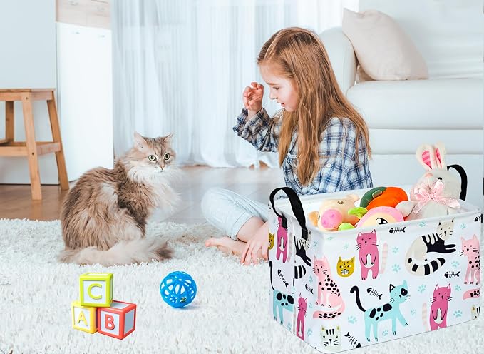 Rectangle Gift Storage Basket Home Shelf Storage Basket Organizer Box Clothes Laundry Hamper Nursery Basket Laundry Basket with Handles (Cat) - Image 5