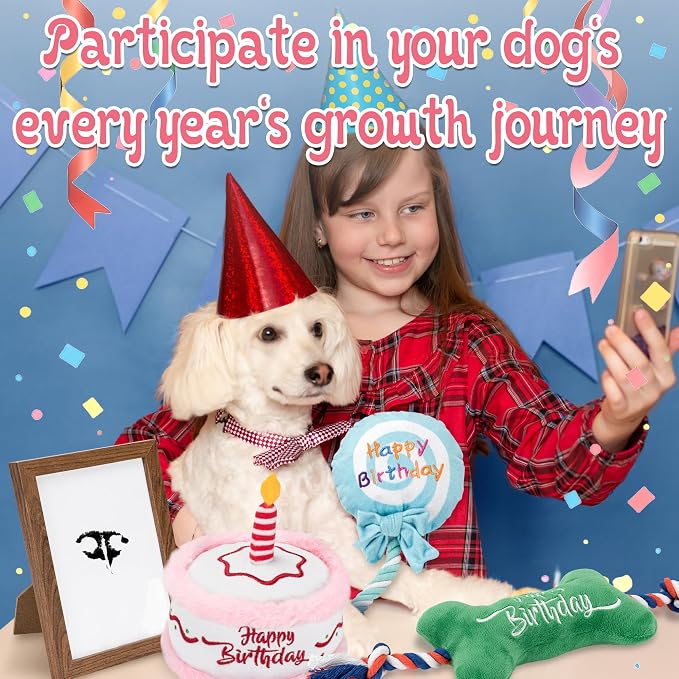 LECHONG 7Pcs Dog Birthday Toys Gifts, No-Mess Paw Print Keepsake Kit with Squeaky Dog Cake Toy, Plush Crinkle Toy, Pet-Safe Ink Pad & Photo Frame for Small Medium Dogs - Image 6
