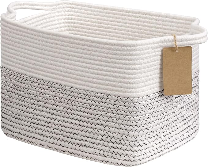 Goodpick Woven Rope Storage Basket for Shelves, Rectangle, Mix White | 13" × 10" × 9" Stylish Gift Basket for Nursery & Bedroom Organization, Cotton Rope Baskets for Toys & Baby Essentials Storage by Goodpick