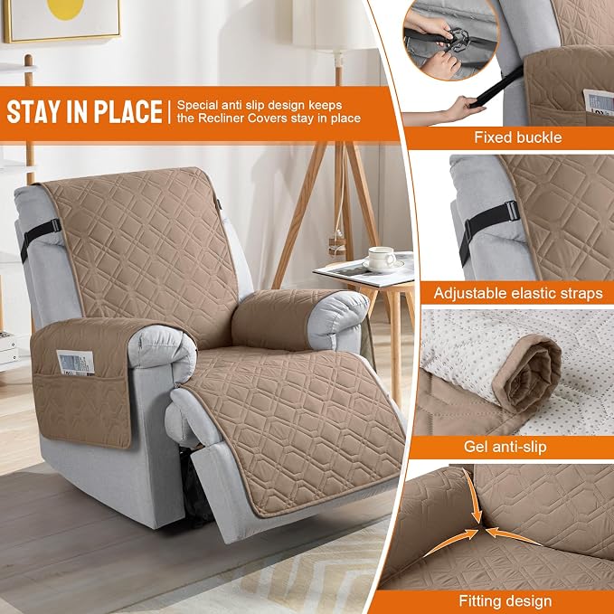 VANSOFY 100% Waterproof Recliner Chair Covers Washable, Light Brown, 22" | Non-Slip, Slipcover with Pocket, Furniture Protector, Elastic Straps, Chair Cover for Pets, Dogs - Image 3