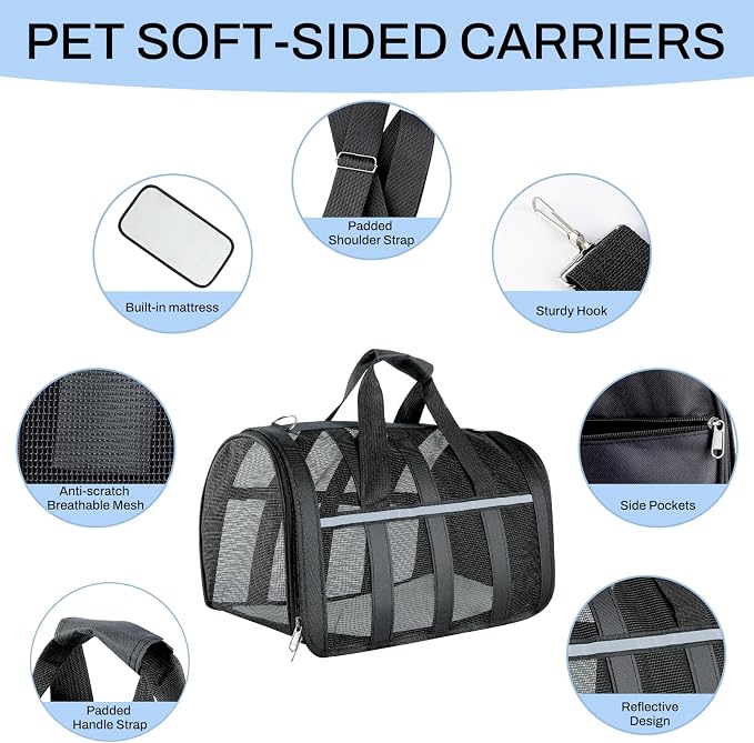 Soft Sided Pet Carrier, Airline Approved Dog Cat Travel Bag with Mesh Windows, Collapsible Portable Pet Carrier for Small Medium Dogs Cats (Black) - Image 5