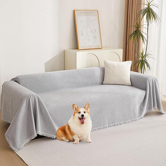 MYSKY HOME Sofa Cover for Dogs Washable for Sofa Boho Couch Cover, Cover for Sofa Couch Cover Blanket Thick Durable Sectional Couch Covers Furniture Protector, 71"x 150", Light Gery by MYSKYHOME