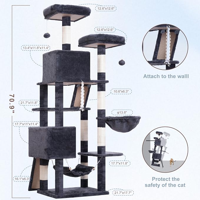 Cat Tree, 71'' Tower for Large Cat with Scratching Post, GCT032G | 2 Cat Condo House for Indoor Cats Large Adult, 2 Scratching Boards, 7 Posts, 2 Plush Perches, Hammock, Basket, Smoky Gray - Image 6