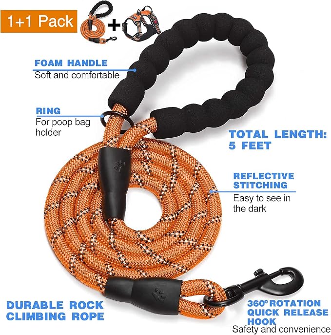 tobeDRI No Pull Dog Harness Adjustable Reflective Oxford Easy Control Medium Large Dog Harness with A Free Heavy Duty 5ft Dog Leash, Orange, M - Image 2