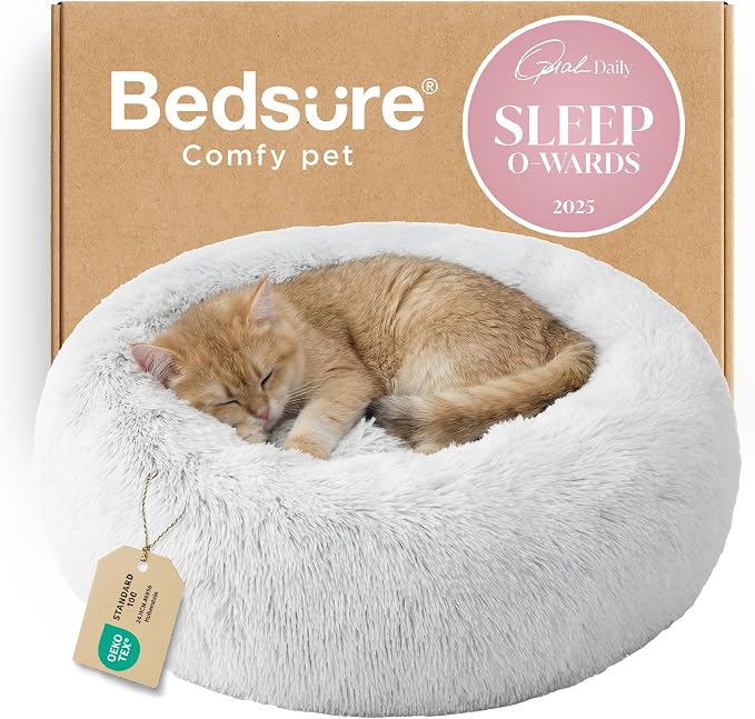 Bedsure Calming Cat Beds Donut Round Washable Kitten Bed,20 inches | Fluffy Faux Fur Cuddler,Anti-Slip Bottom,Anti-Anxiety,Deep Sleeping for Cats&Small Pets Up to 15 Lbs,Frost Grey by Unknown
