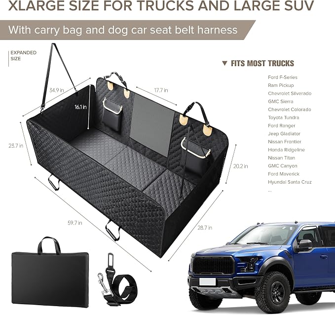 XL Truck Back Seat Extender for Dogs, Dog Car Seat Cover for Back Seat | Hard Bottom Heavy Duty Dog Hammock for Aggressive Chewers, Waterproof Pet Seat Covers for Trucks, F150, Ram1500, Large SUV - Image 6