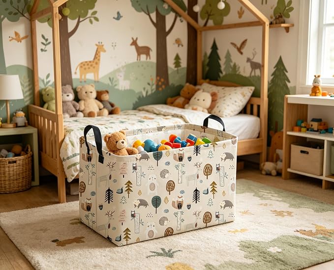 Sanjiaofeng Rectangular Cute Animals Storage Baskets,Foldable Kids Toy Clothes Bins for Bedroom,Woodland Animal Basket,Books Box, Gift Basket(Tree Trunk Animals) - Image 2