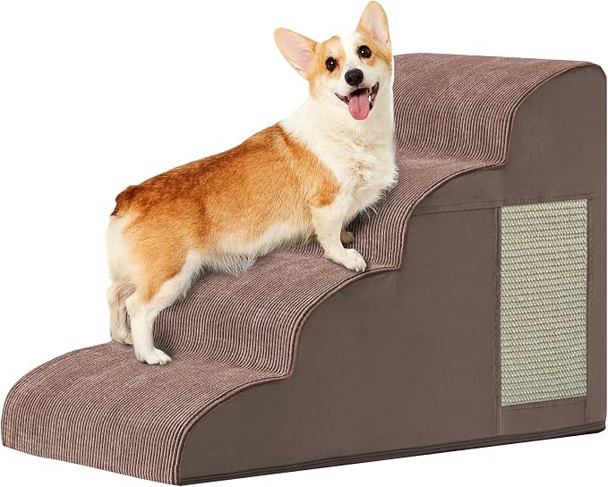 Dog Stairs for Small Dogs 19.7" H, Dog Ramp for Bed, 4-Step, Coffee | Dog Steps for Bed, Couch, Pet Stairs with Non-Slip Bottom Design, Cat Scratching,High Density Foam Portable Pet Steps, Indoor by Ahpmeoa