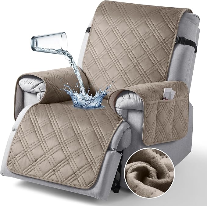 TAOCOCO 100% Waterproof Recliner Chair Cover, Recliner Covers for Recliner Chair with Pocket, Non Slip Reclining Chair Cover Furniture Protector for Kids, Pets(30'', Light Taupe-Velvet) - Image 8