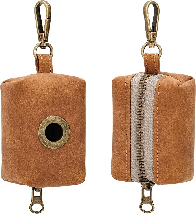 Didog Dog Poop Bag Holder for Leash, Stylish PU Leather, Light Brown | Easy Clean for Daily Walking, Quick to Install on Leash & Harness, Easy-Pull with Metal Clip, Includes 1 Roll Pet Waste Bag - Image 2