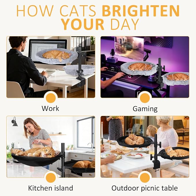 Topmart Double-Deck Cat Desk Bed with 360° Rotating & Adjustable Height | Cat Hammock for Desk with 4 Washable Pads, Kittens Bed for Desk Attachment for Home Office,Up to 45LBS, Grey & Black - Image 9