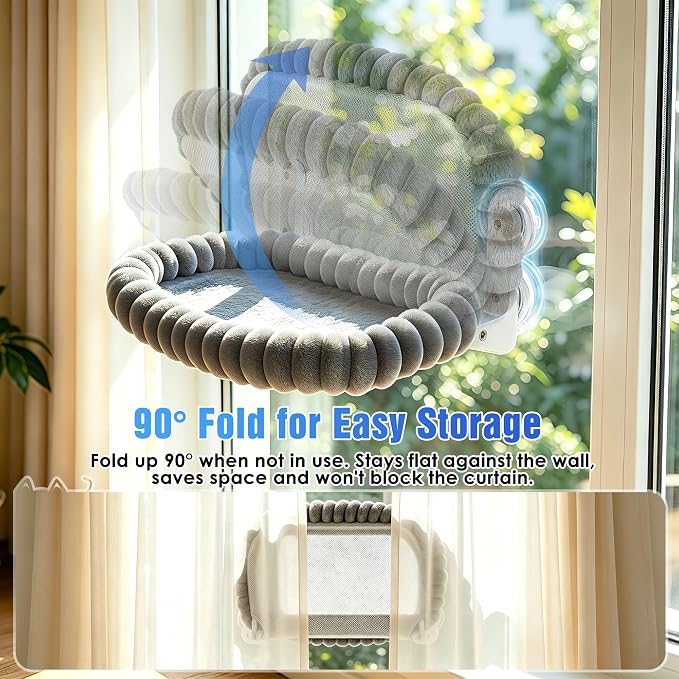 Cat Window Perch - Cordless Cat Window Hammock with 4 Strong Suction Cups, Ultra Soft Window Perch for Cats Inside - 2 in 1 Cats Window Bed Detchable & Washable Cushion 23.3 * 15.8in(Grey) - Image 7