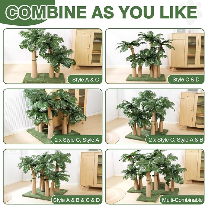 Palm Tree Cat Scratching Post, 36'' Cat Scratcher Post with Natural Sisal Rope, 5 Interactive Balls and 2 Curved Design Scratching Posts for Indoor Cats Adults and Kittens, Multi-Combinable (Style C) - Image 6