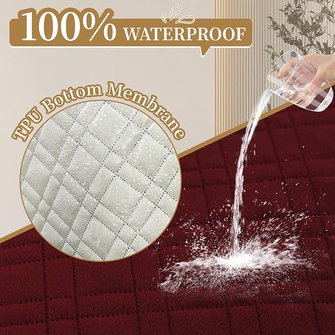 Velvet 100% Waterproof Chair Covers for Living Room Sofa Armchair Cover Washable Couch Arm Chair Slipcovers for Dogs Non Slip Quilted Furniture Protector with Pockets (Small, Wine Red) - Image 2