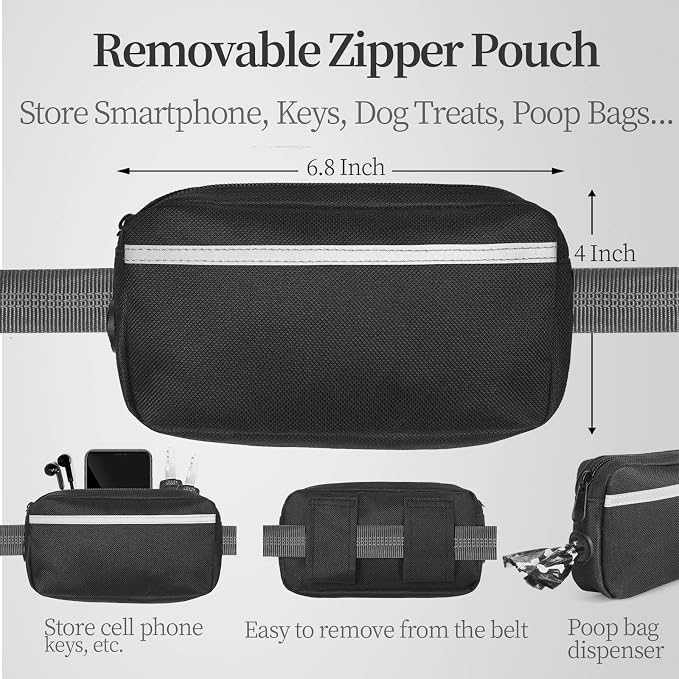 Hands Free Dog Leash with Zipper Pouch, Large, 25-120 lbs, Grey | Waist Leash, Dual Padded Handles, Shock-Absorbing Bungee, Adjustable Waist Belt, Walking and Running - Image 2