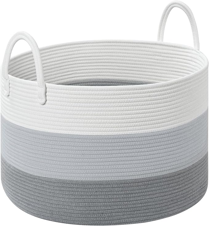 67L Large Woven Blanket Basket, Cotton Rope Baby Laundry Hamper with Handles, Kids Toy Basket for Classroom & Nursery, Soft Round Stuffed Animal Storage, Dog Toy Bin - 20"x13", Gray by Degeyoyo
