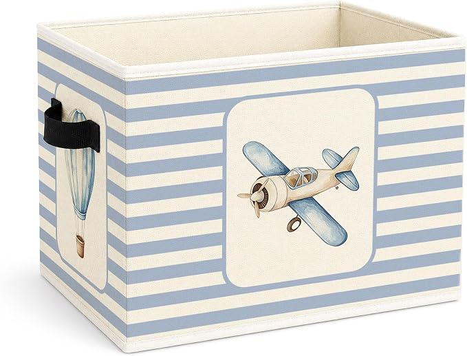 Airplane & Hot Air Balloon Storage Basket, Blue Stripe Foldable Toy Bin | Cute airplane and hot air balloon design with blue stripes; foldable fabric bin for toys, books, clothes, nursery. by Unknown
