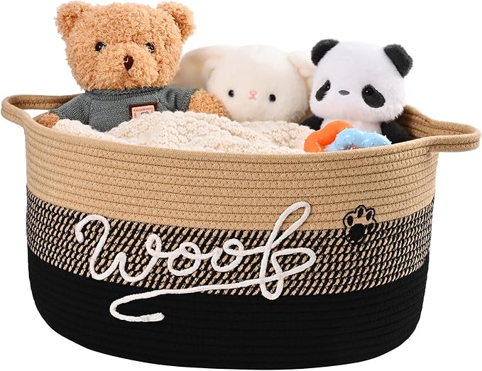 Woof Dog Toy Basket with Handles, Large Dog Toy Storage Bin with Paw Print, Woven Dog Basket for Blankets, Toys, Chews, Pet Toy Box for Nursery, Living Room, Bedroom, 20”x14”x9, Black by Degeyoyo