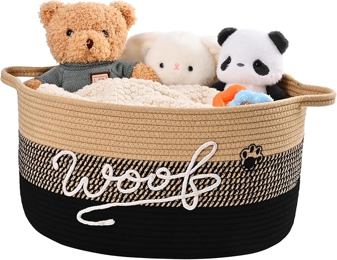 30L Woof Dog Toy Basket with Handles, Large Dog Toy Storage Bin with Paw Print, Woven Dog Basket for Blankets, Toys, Chews, Pet Toy Box for Nursery, Living Room, Bedroom, 17”x12”x9, Black by Degeyoyo