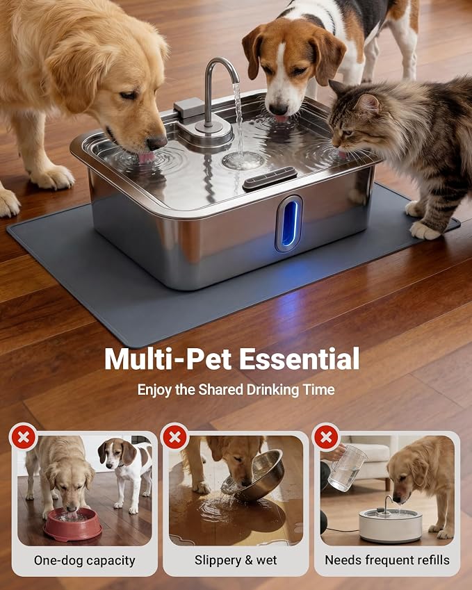 3.17Gal/12L Dog Water Fountain with Silicone Mat & 3 Filters for Dogs Cats | Stainless Steel Multi Pet Water Dispenser, Quiet Automatic Dog Water Bowl Dispenser with Visible Window & Alert Light - Image 7