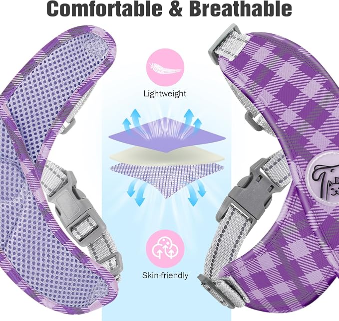 Pawaboo Small Dog Harness and Leash Set, Puppy Harness X-Frame Adjustable | Dog Vest Harness for Small Medium Sized Dogs No Pull No Choke, Soft Breathable Pet Harness for Walking Outing, S,Purple Plaid - Image 5
