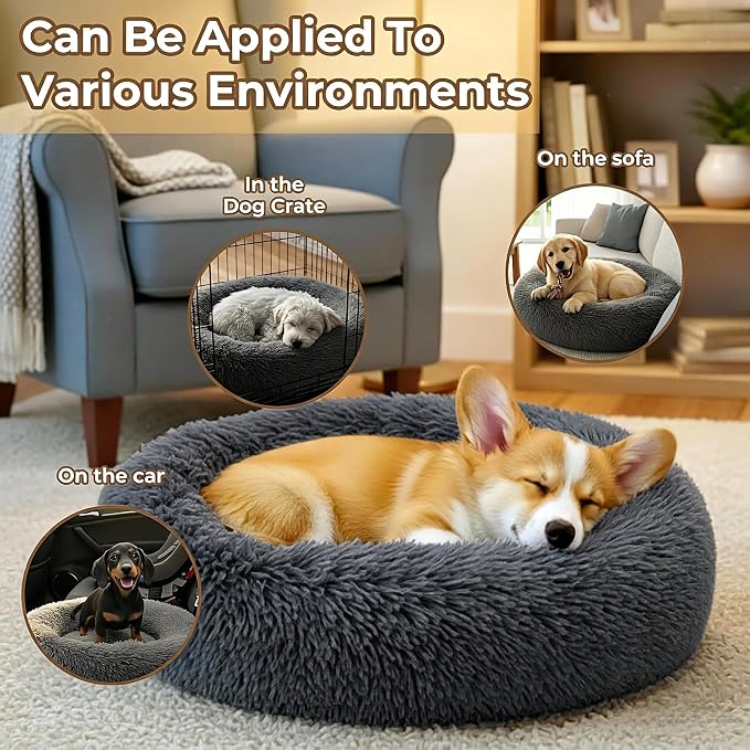 Calming Donut Dog and Cat Bed for Indoor Cats, Anti-Anxiety Round Fluffy Soft Washable Small Pet Bed for Puppy and Kitten, Warming Comfortable Luxury Anti-Slip Waterproof Mute Base 20in Dark Gray - Image 5