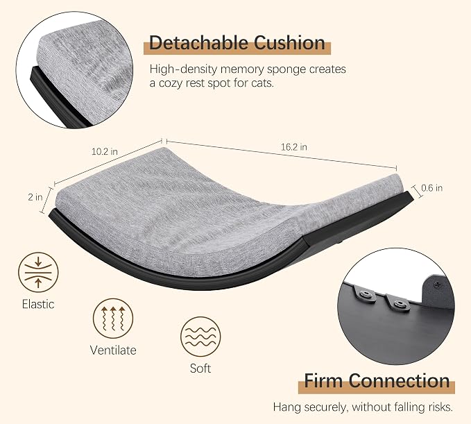 Cat Wall Shelves Set - Curved Wall Foam Bed and 2 Floating Wall Grey Steps, Wall Mounted Cat Climbing Shelves for Sleeping, Playing, and Lounging - Image 4