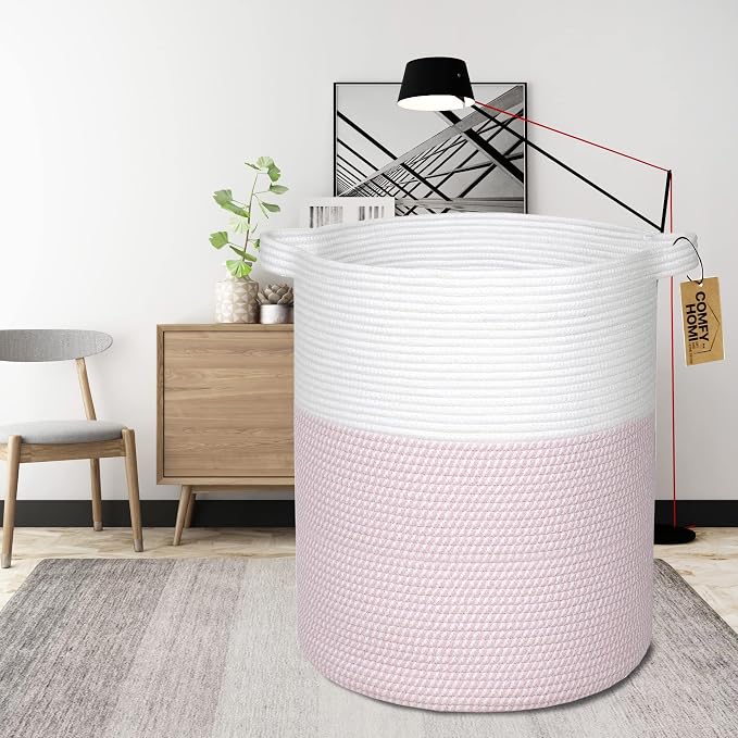 COMFY-HOMI XXL Large Laundry Basket with Handles Blanket Baskets Living Room|Woven Cotton Rope Decorative Basket Laundry Hamper Baby Basket Nursery Dog Toy Storage Organizer Bin-16”x18”-White/Pink - Image 6
