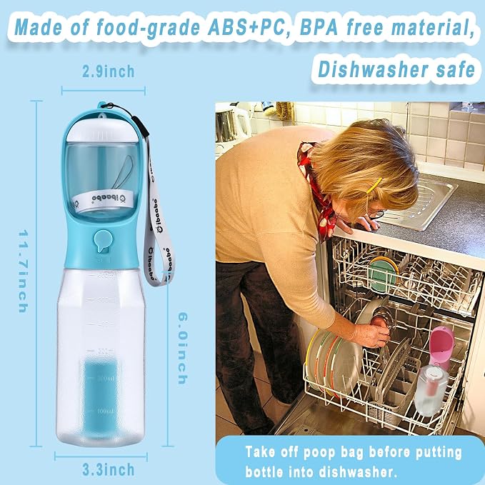 Cibaabo Dog Water Bottle with Food Container & Poop Bag Holder & Filter | Feeding & Hydration & Waste All in One | Travel Puppy Water Bowl | Portable Pet Dispenser | Dog Gifts | for Walking Beach - Image 6
