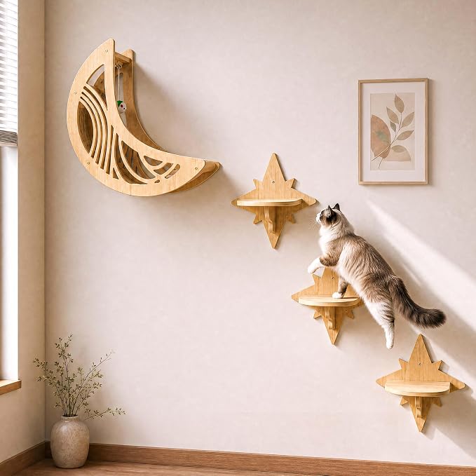 Moon & Star Cat Wall Shelves, Modern Cat Furniture Perch for Indoor Cats | Kitten Shelves with Decorative Cutouts, Space-Saving, Stable & Safe, Paintable, Pre-Drilled, Wood Cat Climbing System - Image 6