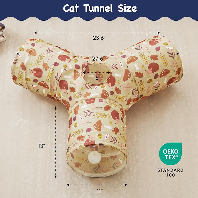 Tempcore Cat Tunnel for Indoor Cats, 3 Way Collapsible Pet Play Tunnel with Teaser Wand, Peek Holes & Hanging Ball, Interactive Tube for Kittens & Rabbits, Khaki Hedgehog - Image 2